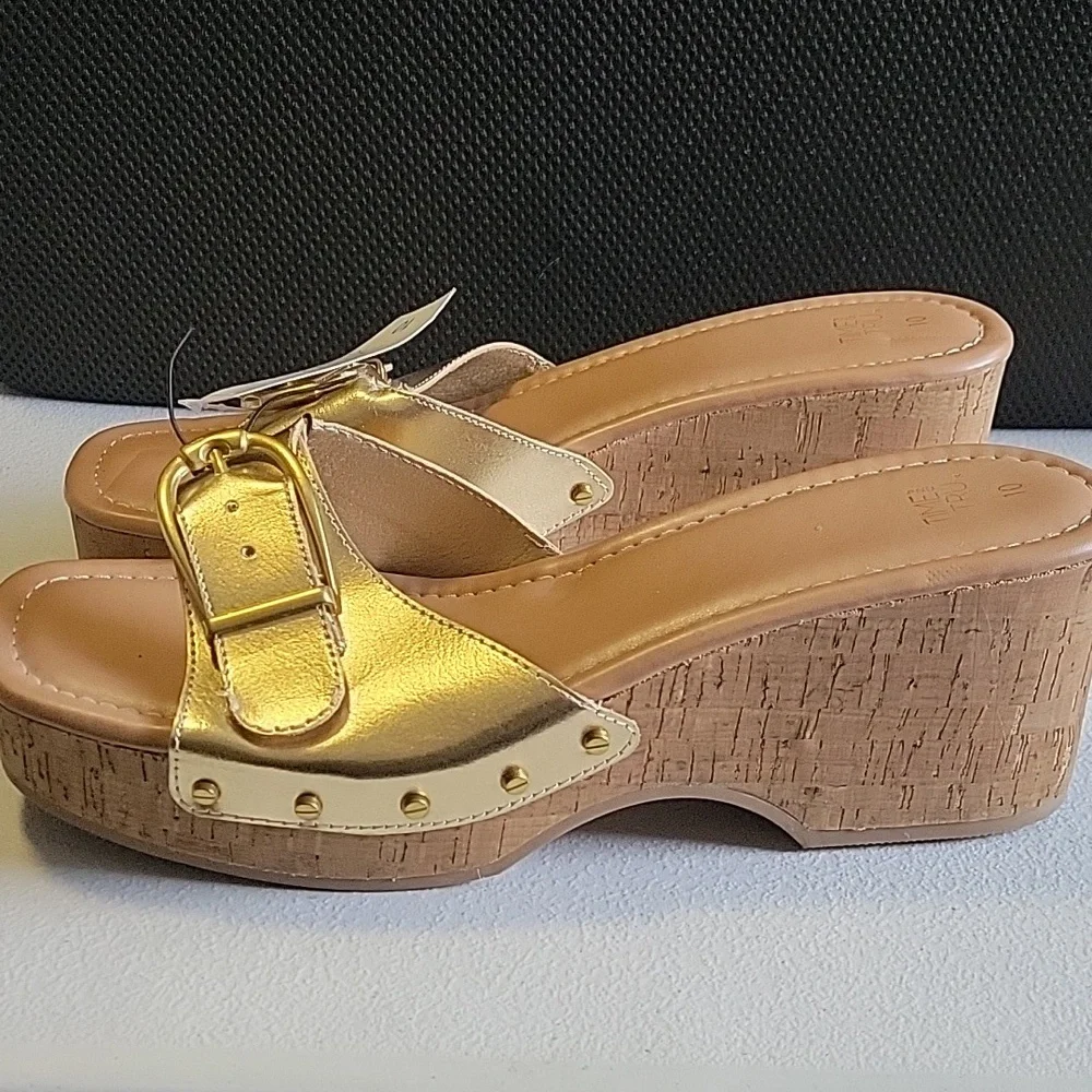 Gold Slide Sandals with Buckle